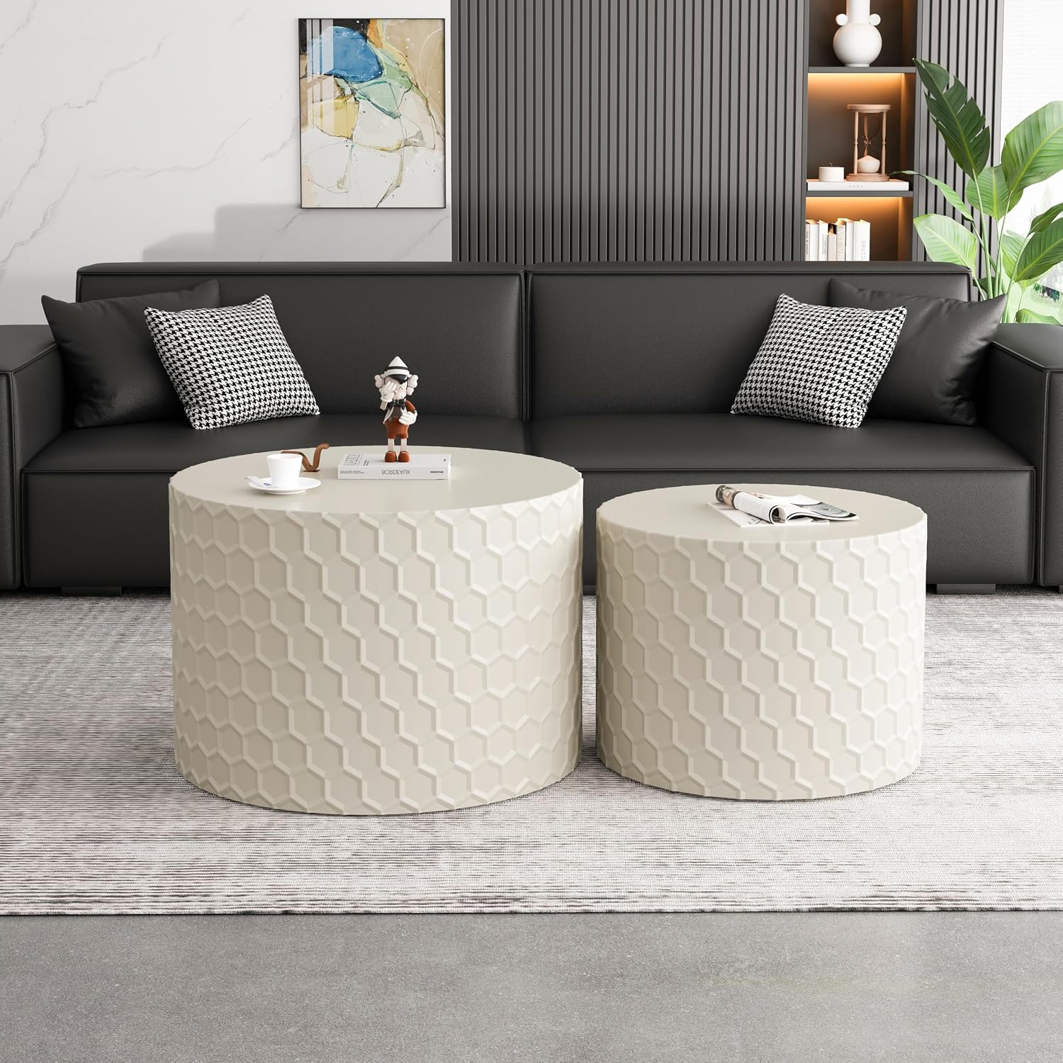 Round Nesting Coffee Table Set of 2, Modern Circular Side Table Set with Honeycomb Design, 2 Piece Nesting End Table Accent Tables Coffee Table for Living Room Bedroom Apartment - Beige