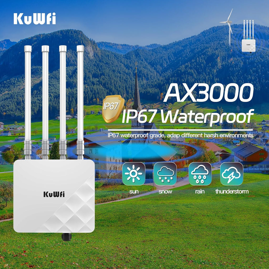 KuWFi Outdoor WiFi 6 Access Point, 3000Mbps Long Range Extender, IP67 Waterproof, PoE+ Powered, Cloud Managed, Supports 256 Users, Ideal for 300-500m Coverage, Compatible with Starlink