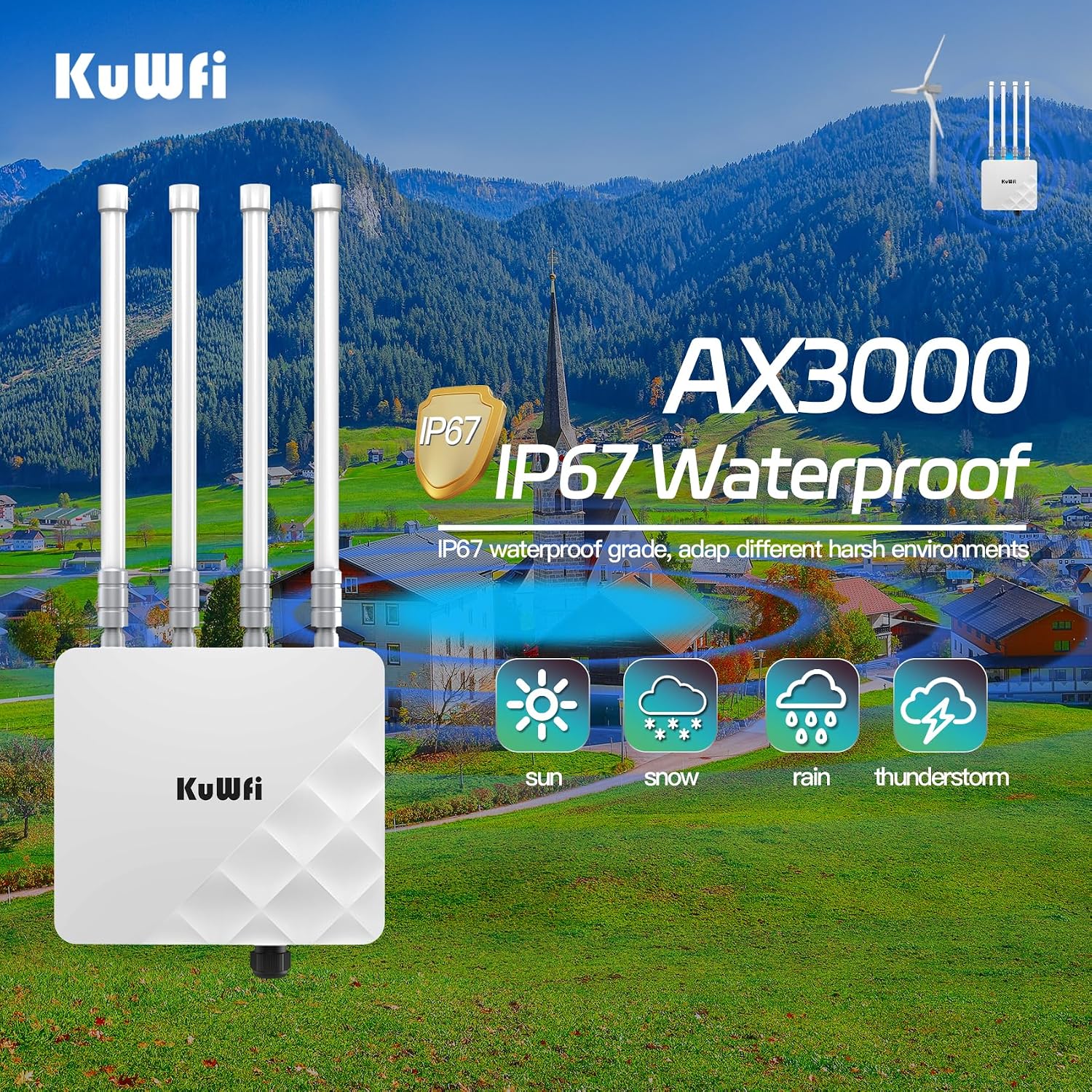 KuWFi Outdoor WiFi 6 Access Point, 3000Mbps Long Range Extender, IP67 Waterproof, PoE+ Powered, Cloud Managed, Supports 256 Users, Ideal for 300-500m Coverage, Compatible with Starlink
