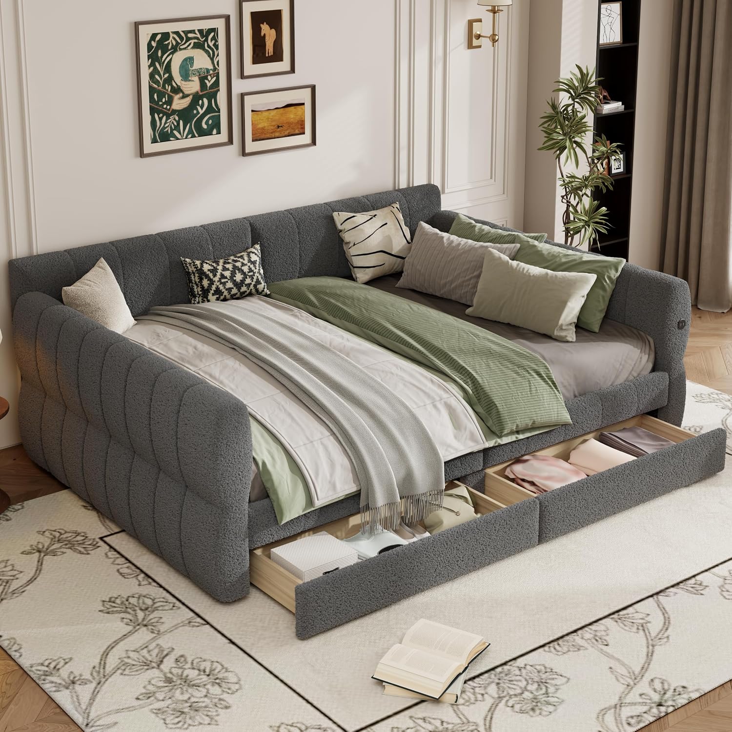 RuiSiSi King Size Daybed with Drawers, Upholstered Daybed with USB Ports, King Upholstered Sofa Bed Frame with Storage, Gray