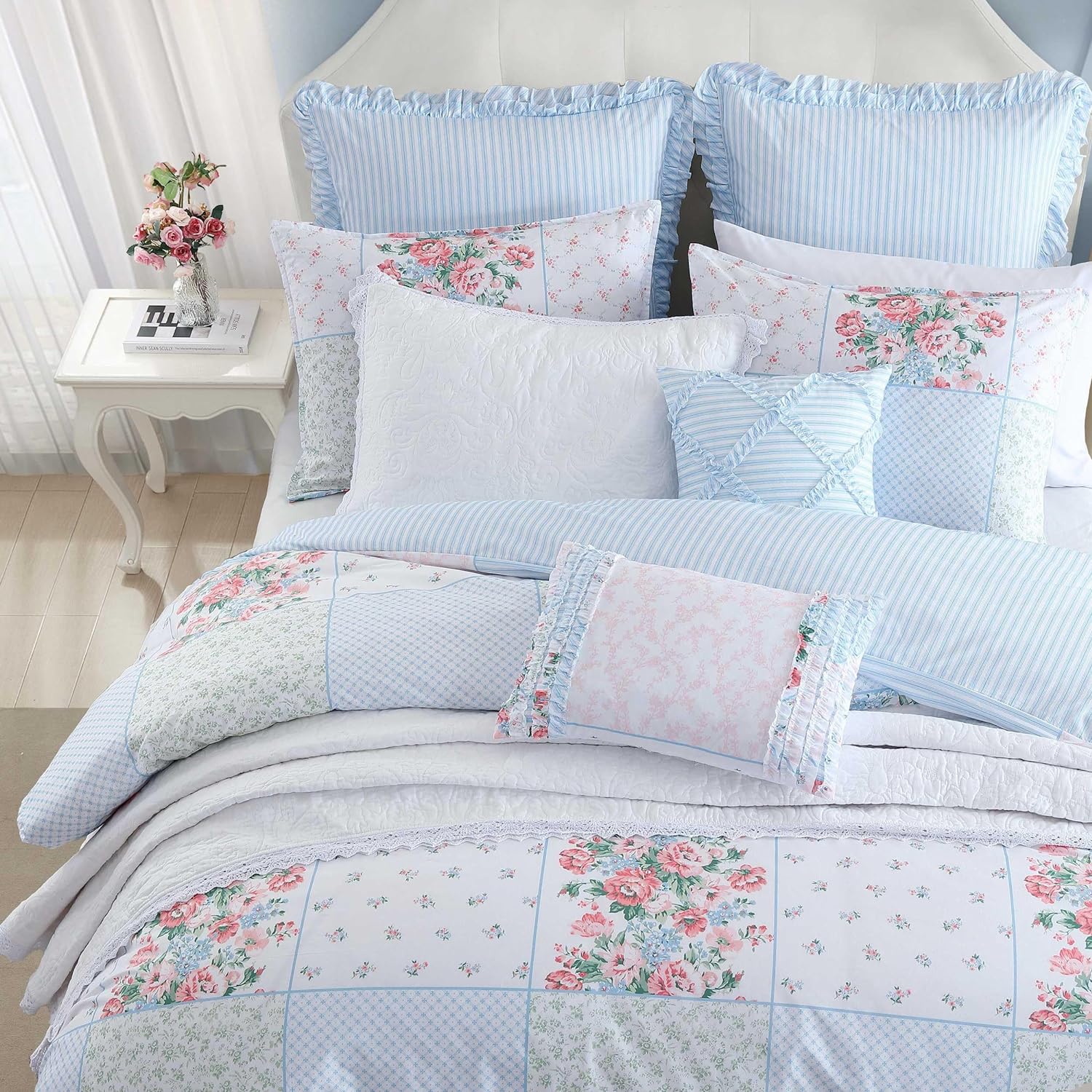 Laura Ashley - Duvet Set, Super Soft & Cozy Bedding, Includes Matching Shams & Bonus Throw Pillow Covers, Coquette Room Decor (Hope Patchwork Blue, King)