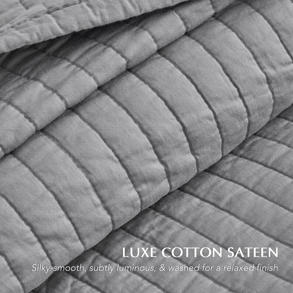 EVERGRACEHOME Cotton Sateen Quilt Set King Size, Pre-Washed Cotton Channel Stitch Coverlet Bedspread, 3 Pieces Lightweight Soft Bedding Sets for All Season, with 2 Pillow Shams, Fog Gray