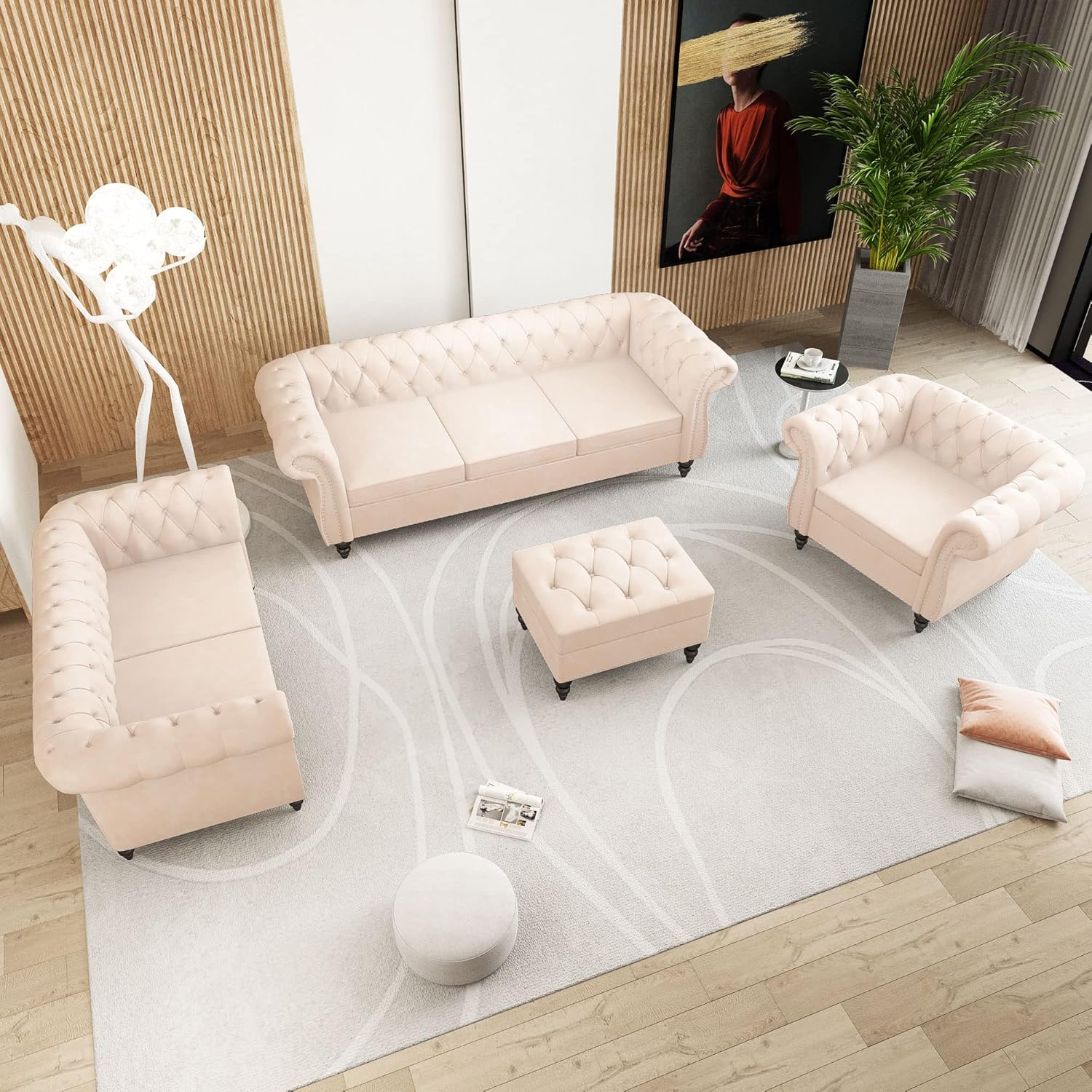 QHITTY 3 Piece Living Room Set, Sectional Chesterfield Sofa Chair Contemporary Upholstered Velvet Loveseat Couch Sets for Living Room, Bedroom, Office (Beige)