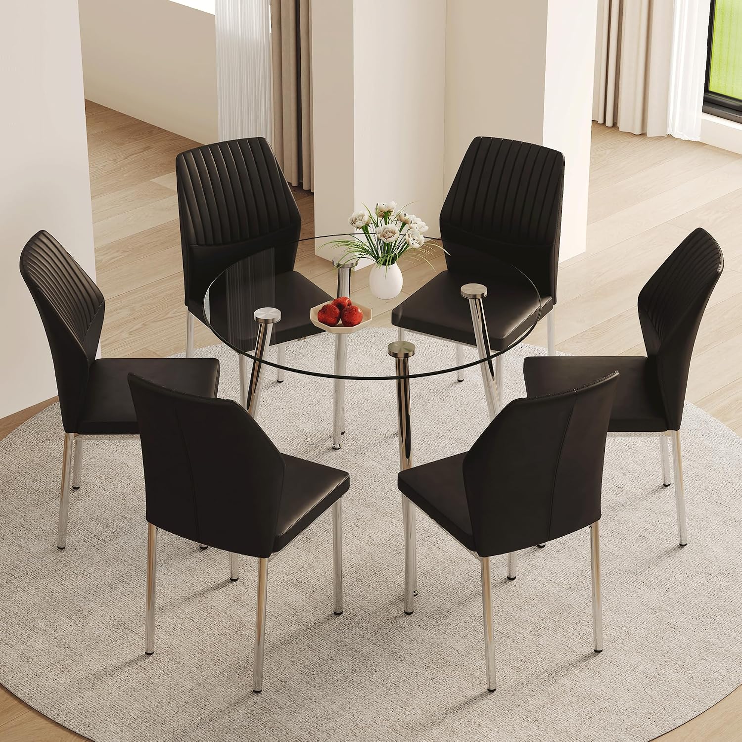 Dining Room Chairs Set of 6,Comfortable,Fashionable Soft Padded Kitchen Chairs High Backrests Metal Legs. Suitable for Living Room and Bedroom (Black+Silver Leg Set of 6)