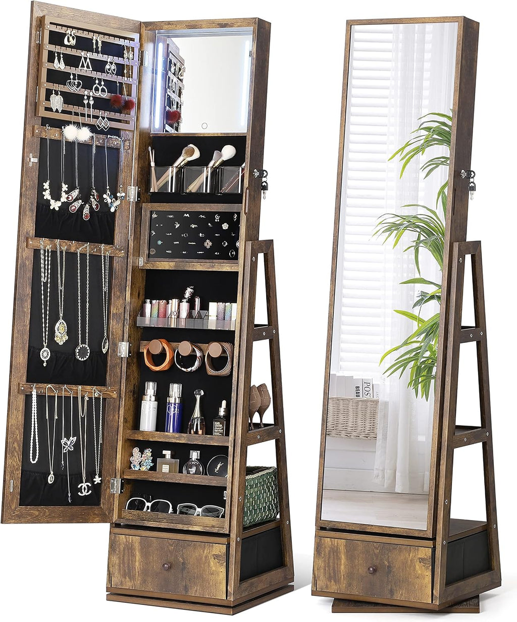 Nicetree 360° Swivel Jewelry Cabinet with Lights, Touch Screen Vanity Mirror, Rotatable Full Length Mirror with Jewelry Storage, Standing Jewelry Armoire Organizer, Gift Idea, Rustic Brown