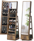 Nicetree 360° Swivel Jewelry Cabinet with Lights, Touch Screen Vanity Mirror, Rotatable Full Length Mirror with Jewelry Storage, Standing Jewelry Armoire Organizer, Gift Idea, Rustic Brown