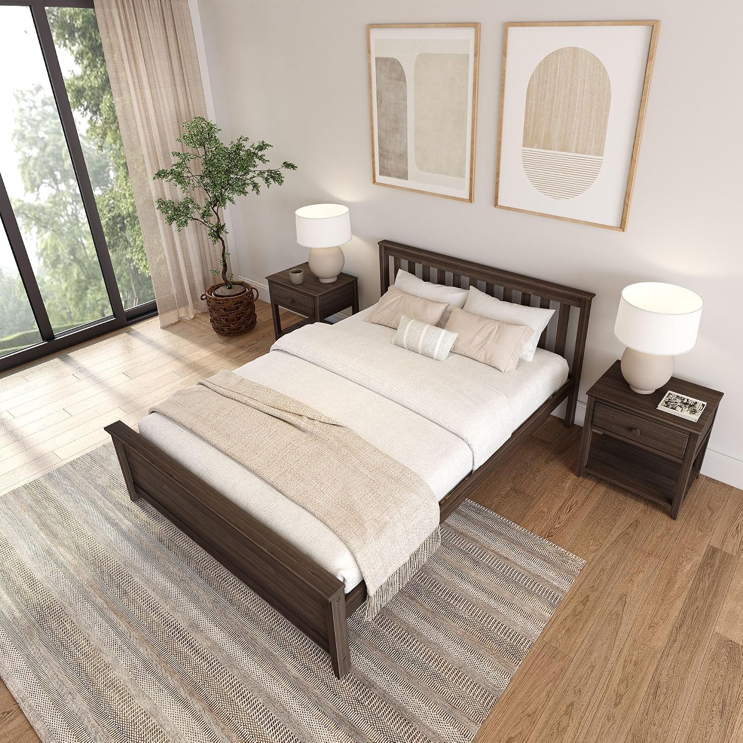 Plank+Beam Solid Wood Queen Bed Frame, Platform Bed with Headboard, Walnut