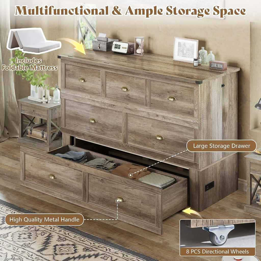 AMERLIFE Full Size Murphy Bed with Folding Mattress, Farmhouse Wooden Cabinet with Charging Station and Storage Drawer for Bedroom/Office/Guest Room, Grey Oak