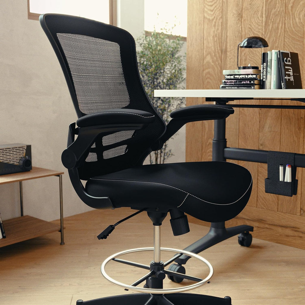 Flash Furniture Kelista Mid-Back Swivel Office Chair with Adjustable LeatherSoft Seat Height, Ergonomic Mesh Chair with Flip-Up Arms, Black