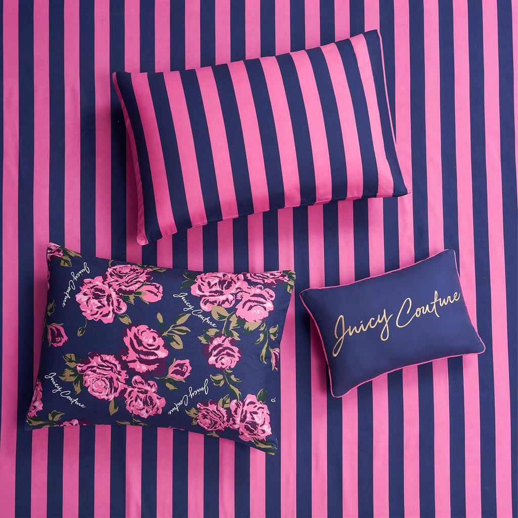 Juicy Couture Rose Logo Twin Comforter Set, Navy/Pink – 6-Piece Complete Bed in a Bag