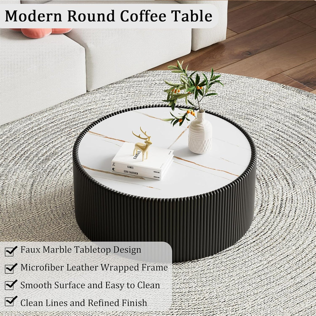 Round Living Room Table Set, 29.52' Black Drum Center Table and 17.71' Black Coffee Table Set, 2 Pieces Coffee Table Set with Sintered Stone Tabletop, Fluted PU Leather Covered and StableBase