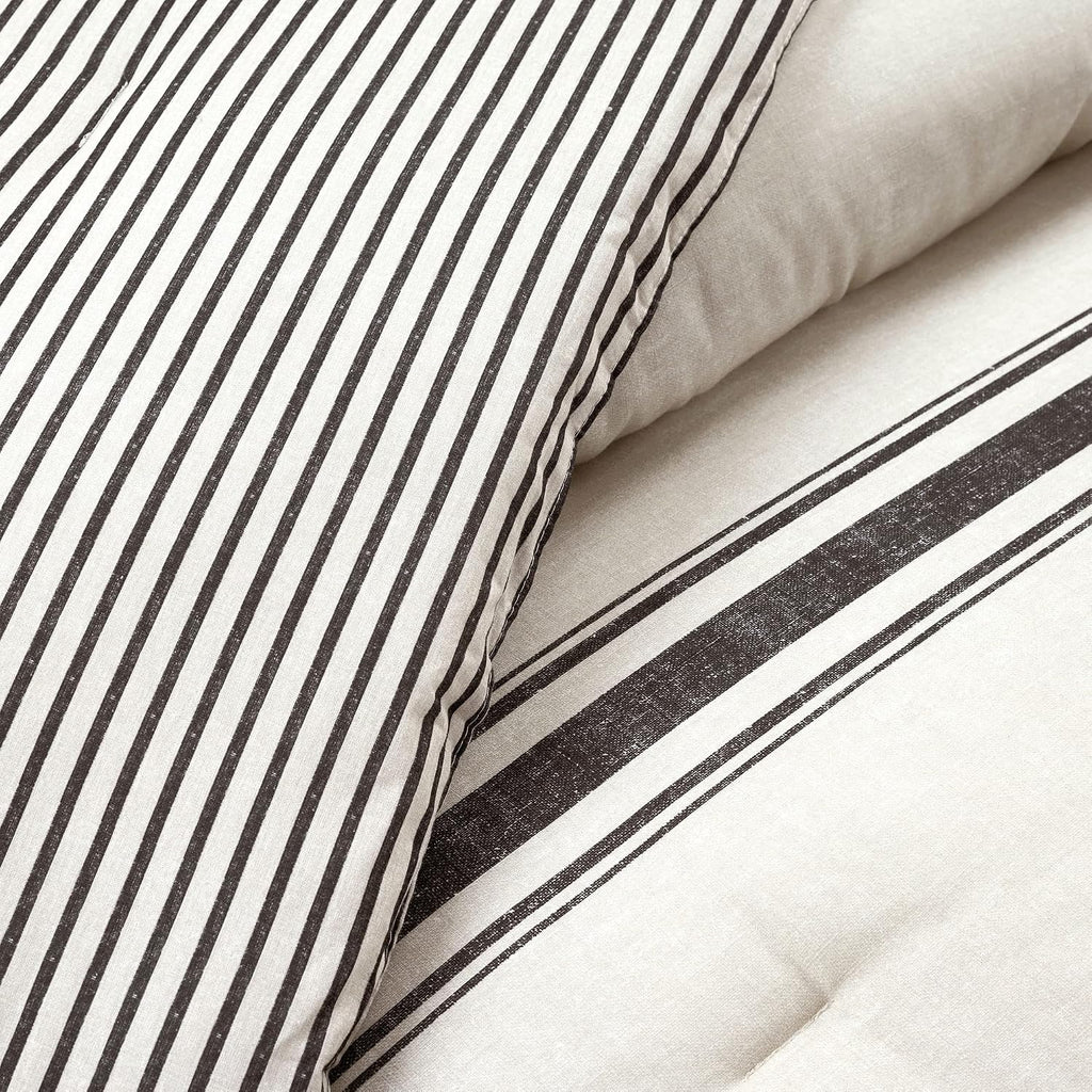 Lush Decor Farmhouse Stripe Reversible Cotton Comforter Set, 3 Piece Set, King, Black - Cozy Farmhouse Bedding Set - Rustic Decor - Striped Comforter - Modern Farmhouse Bedroom Decor