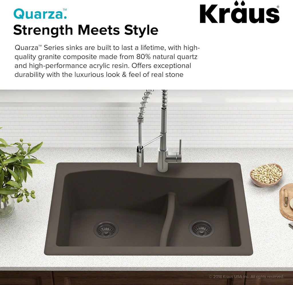 KRAUS KGD-442 Quarza 33-inch 33' Dual Mount 60/40 Double Bowl Granite Kitchen Sink in Black