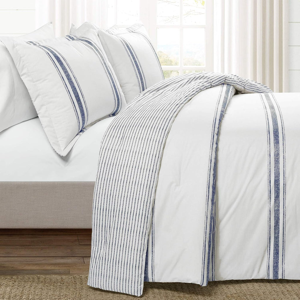 Lush Decor Farmhouse Stripe Reversible Cotton Comforter Set, 3 Piece Set, King, Navy - Cozy Farmhouse Bedding Set - Rustic Decor - Striped Comforter - Modern Farmhouse Bedroom Decor