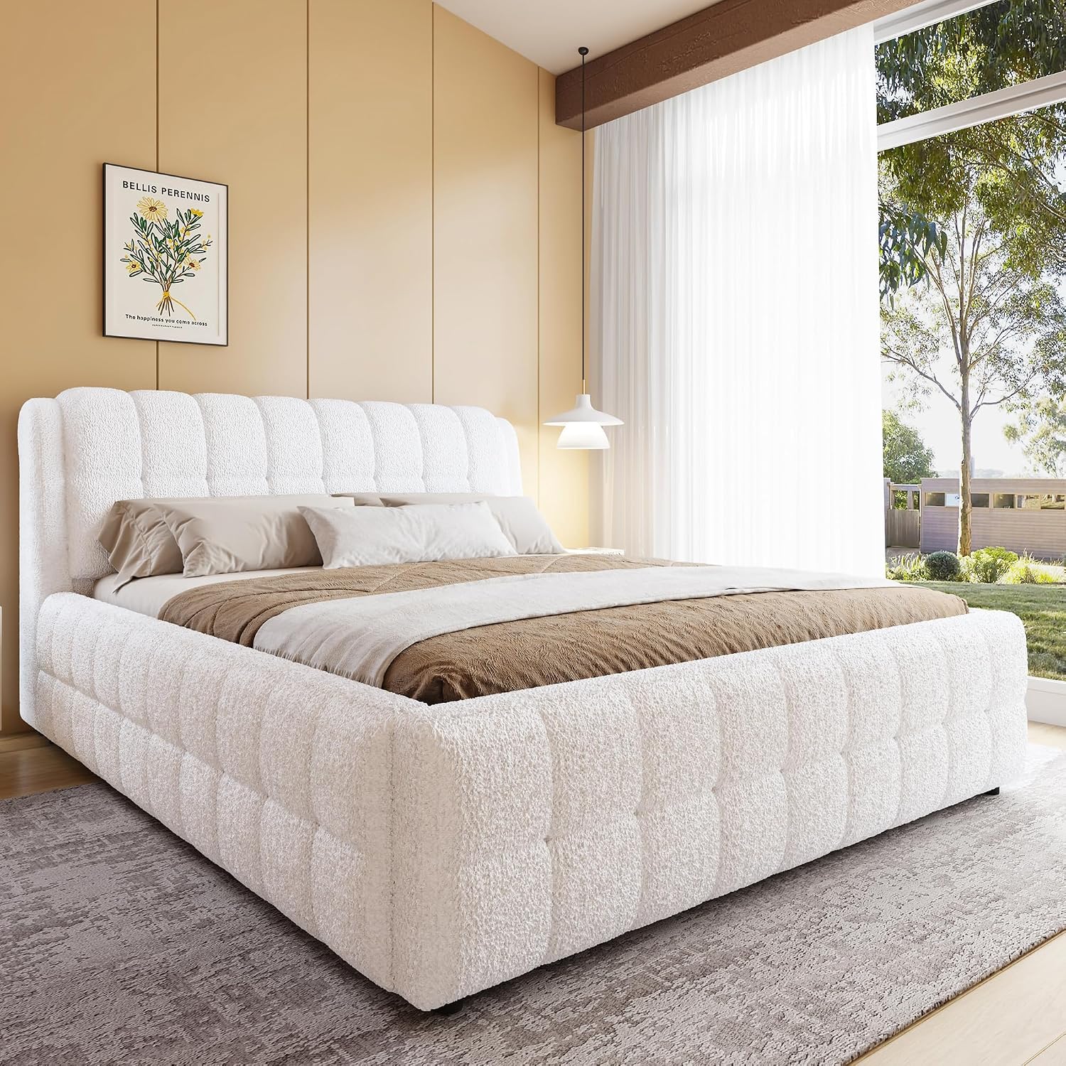 GDFStudio California King Size Upholstered Platform Bed, Boucle Bed Frame with Foam Headboard, Wood Slat Support for King Mattress, Modern Platform Bed for Master Bedroom, No Box Spring Needed, White