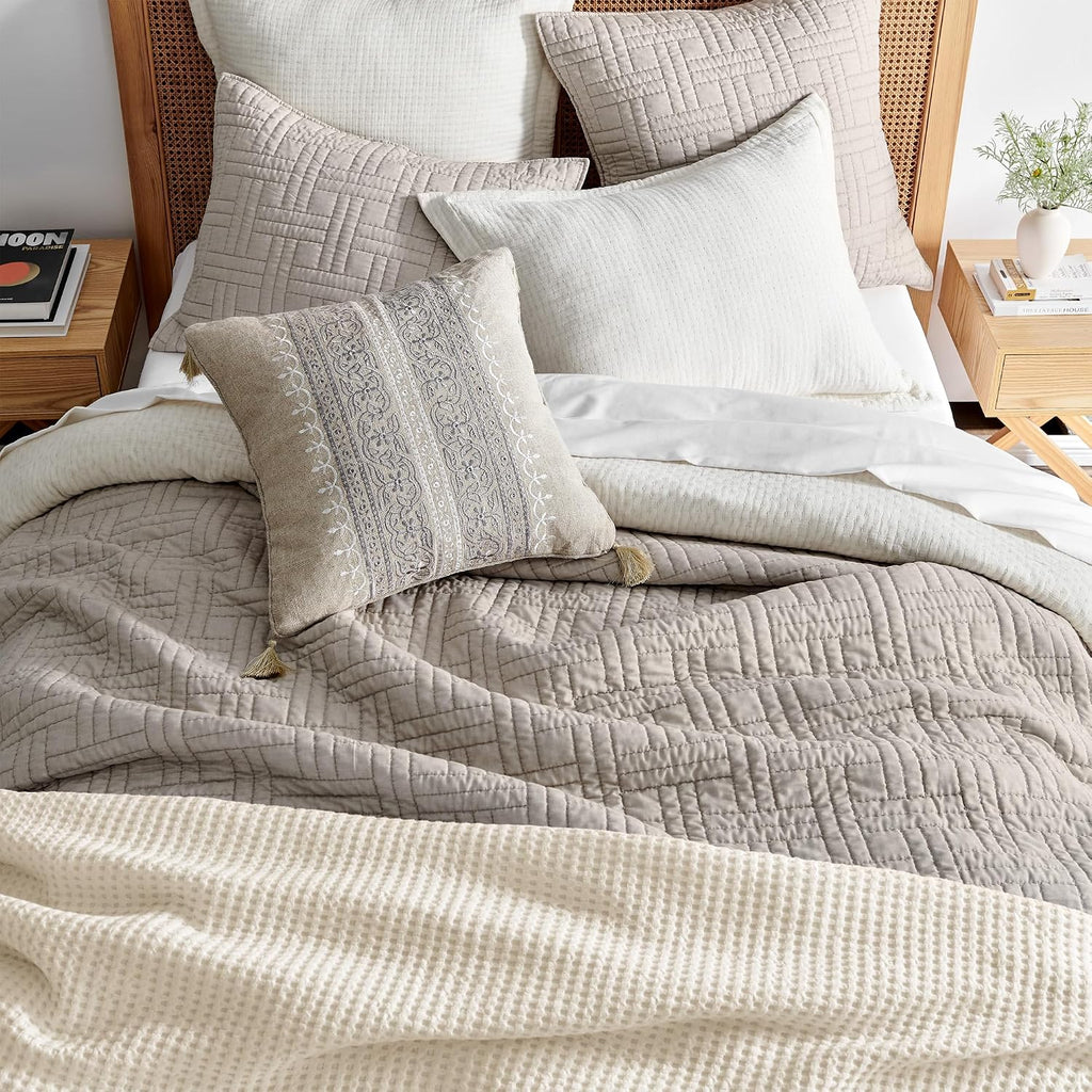Levtex Home - Melange Stitch Quilt Set - Full/Queen Quilt and Two Standard Shams - Solid Stitched - Natural - Quilt (88x92in.) and Shams (20x26in.) - Reversible - Polycotton Blend