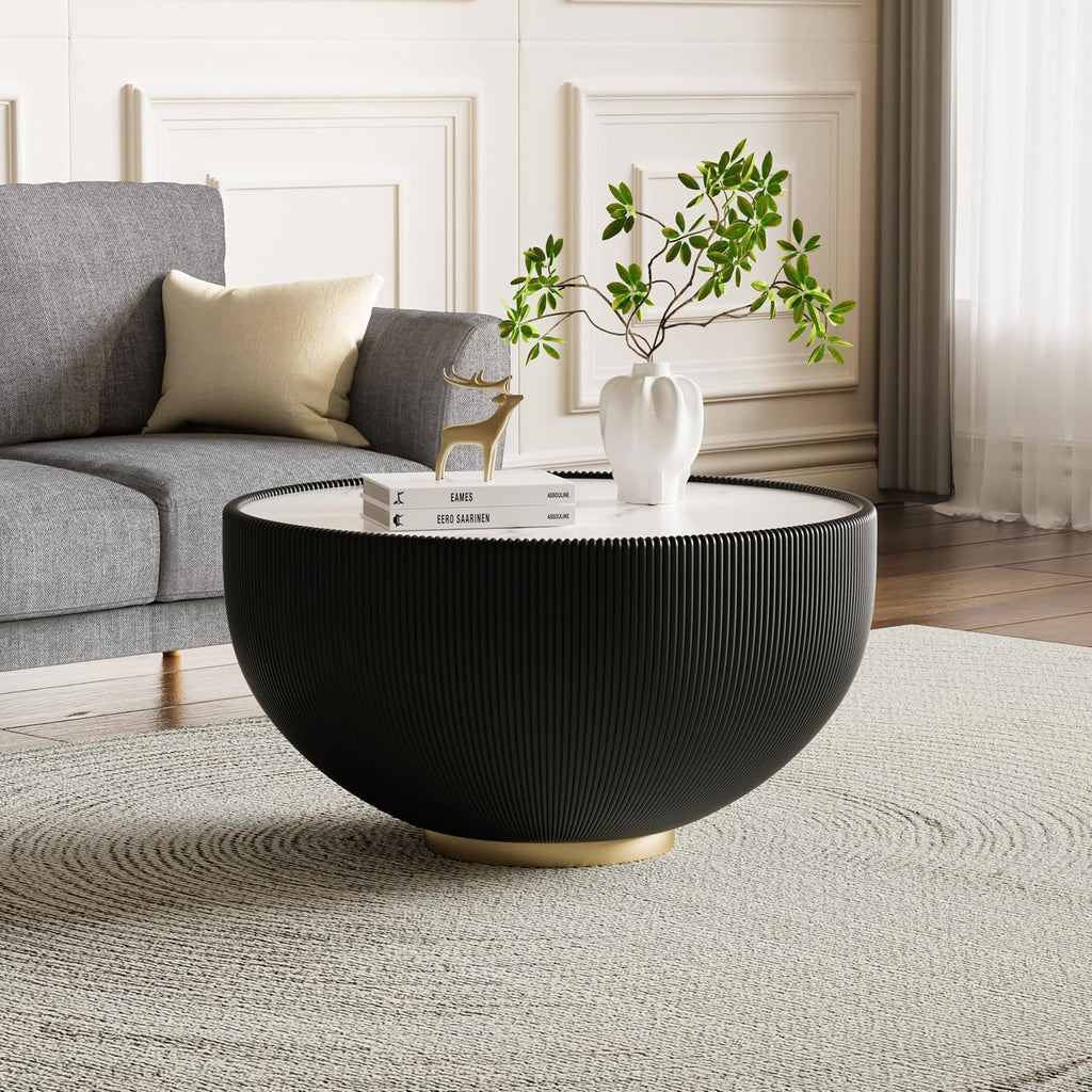 27.55' Black Round Coffee Table, Drum Coffee Table with Sintered Stone Tabletop and Fluted PU Leather Covered and Metal Base, Circle Cocktail Tea Table for Living Room
