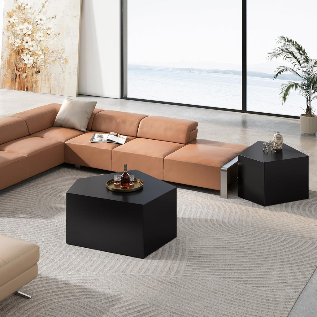 Irregular Nesting Coffee Table Set of 2, Modern Pentagon Side Table Set, 2 Piece Nesting End Table Accent Tables Coffee Table for Living Room Bedroom Apartment - Black