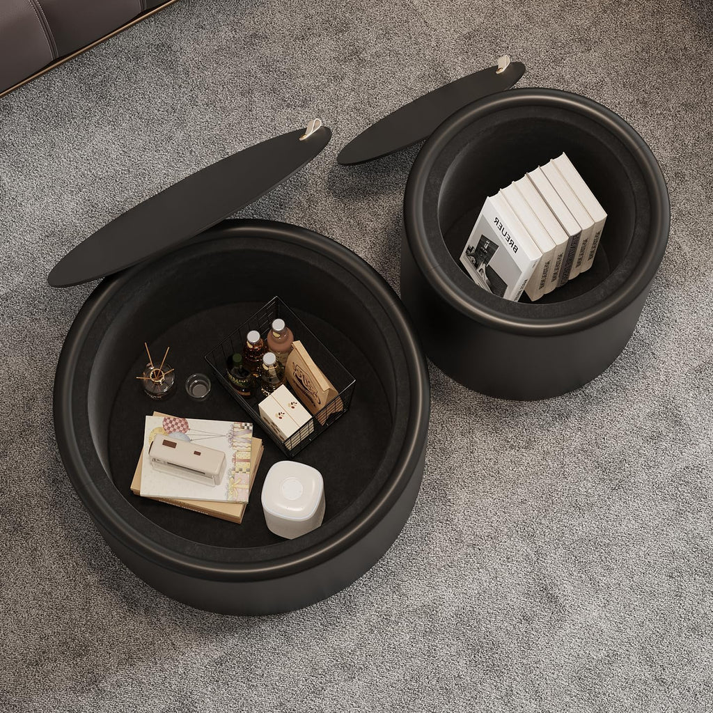 Round Living Room Table Set with Hidden Storage, 27.56' Black Drum Center Table and 19.69' Black Coffee Table Set, 2 Pieces Coffee Table Set with Tempered Glass Top and PU Leather Body