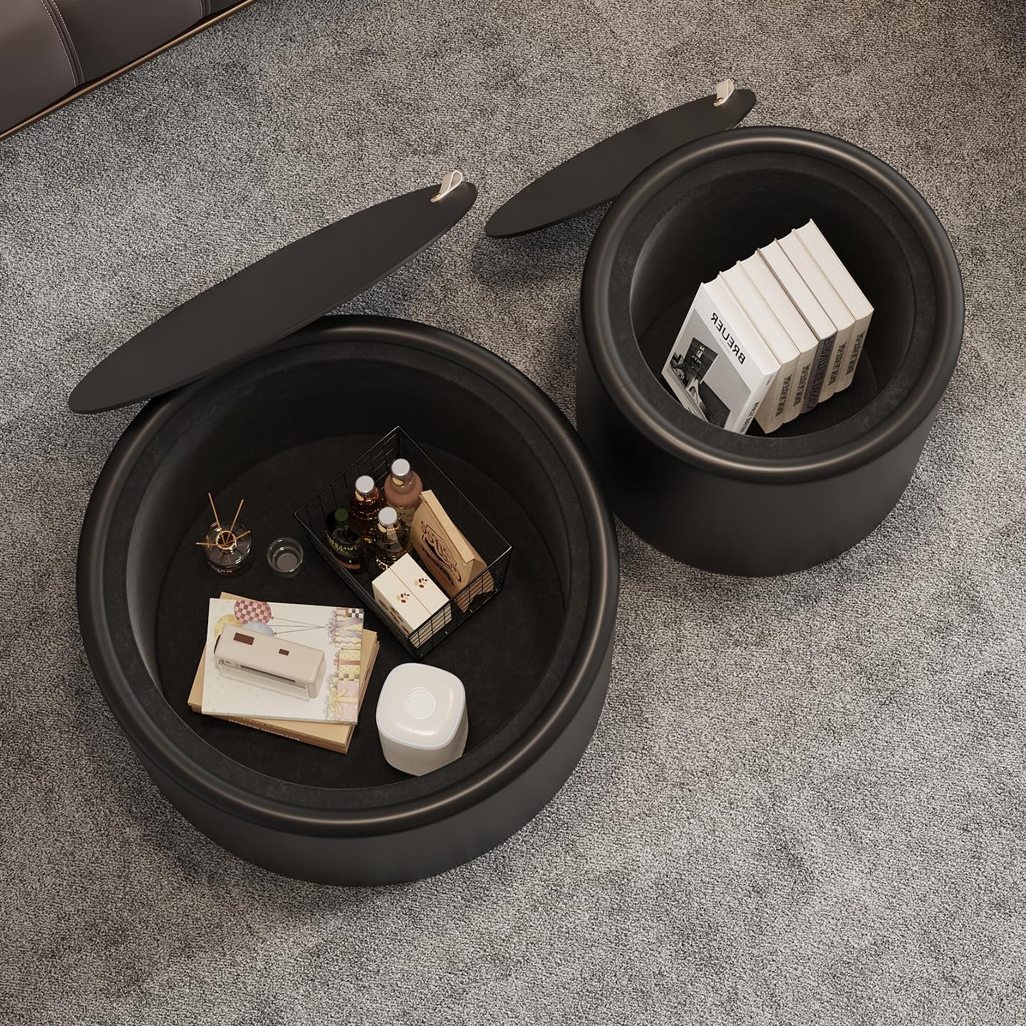 19.69' Black Round Coffee Table with Hidden Storage, Drum Coffee Table with Tempered Glass Top and PU Leather Body, Circle Cocktail Tea Table for Living Room, No Assemble