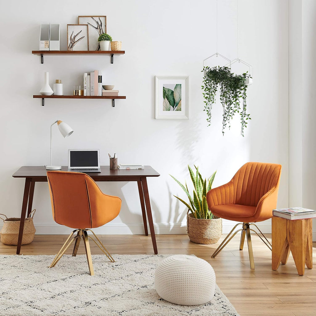 Volans Swivel Accent Chair, Mid Century Modern Swivel Desk Chair with Hollow Brushed Gold Plated Legs Office Chairs for Living Room, Dining Room, Small Space, Cinnamon