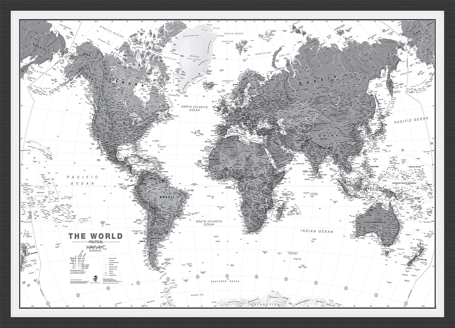 Maps International Medium Political World Wall Map - Black & White - Push Pin Board Mounted with Black Wood Frame - 24 x 36