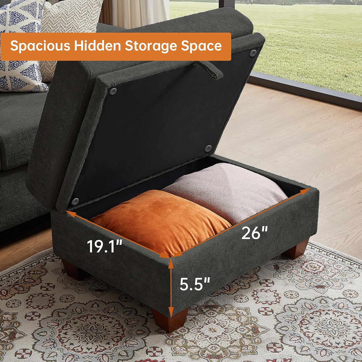 108' Sectional Sofa, Convertible L Shaped Sofa with Ottoman and Large Storage, 4 Seat Sectional Couch with Cup Holder, Couches for Living Room, Apartment, Office (Dark Grey)