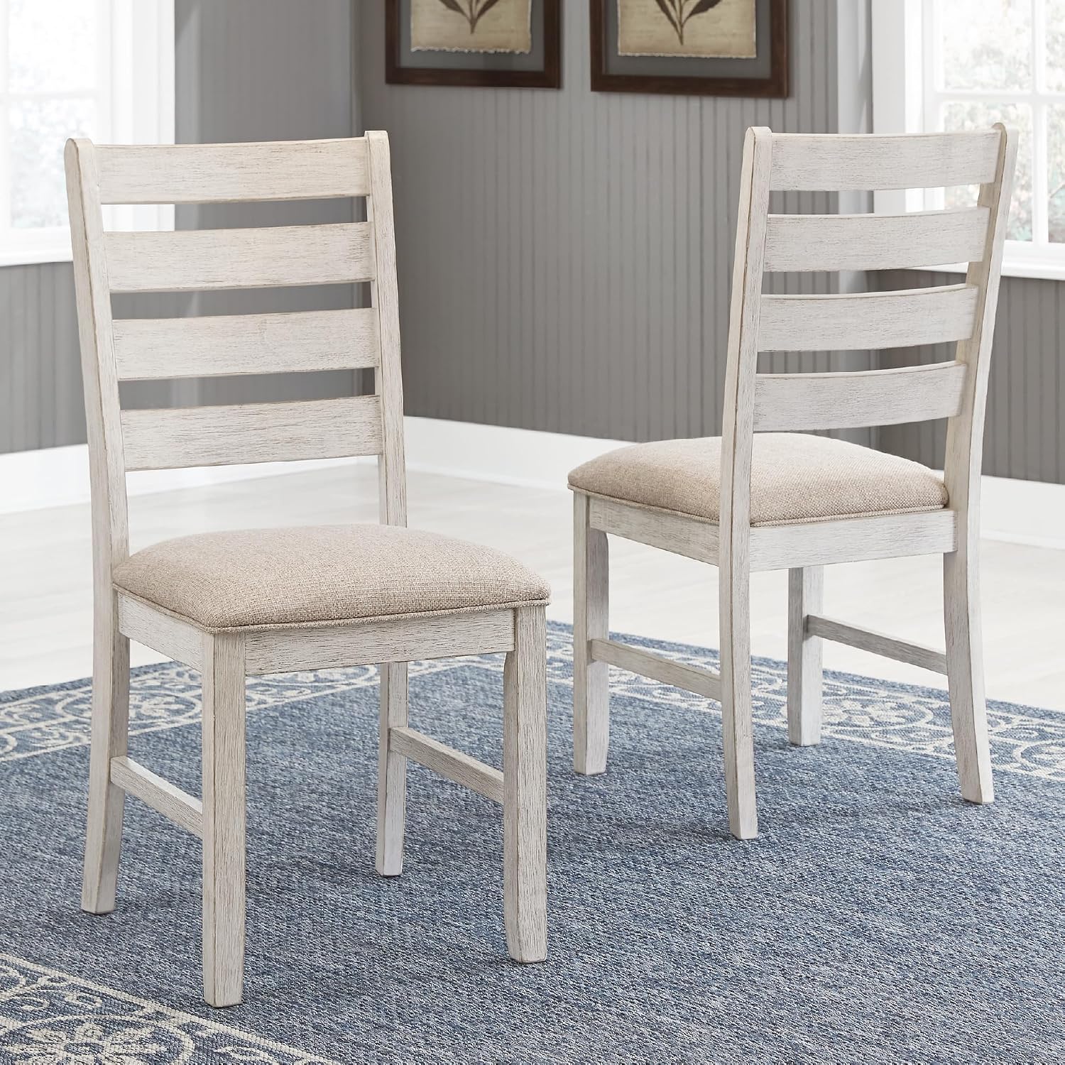 Signature Design by Ashley Skempton Modern Farmhouse Dining Room Chair, 2 Count, Ladderback Design, Wood, 17.75' W x 21.5' D x 38.63' H, White and Light Brown