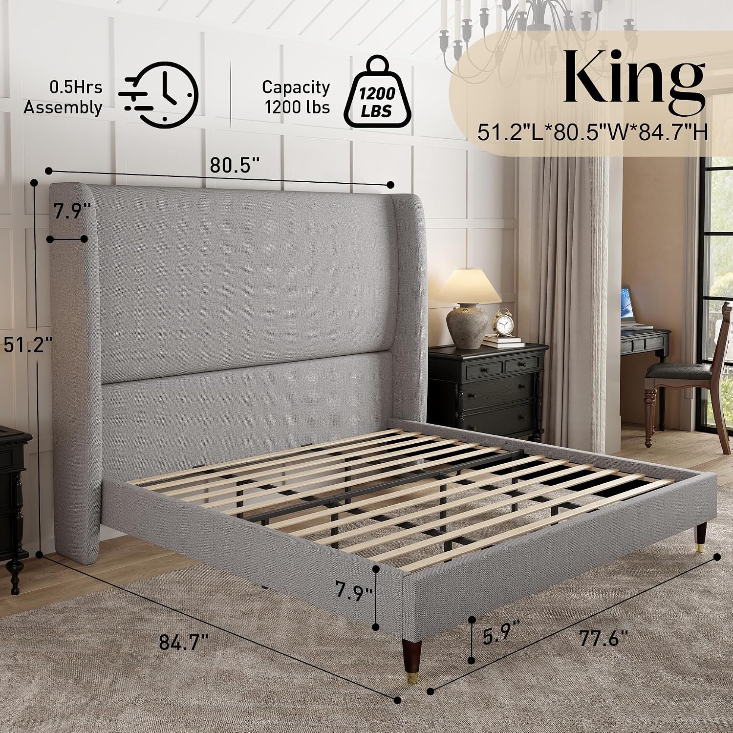 PaPaJet King Bed Frame with 51.2' Tall Wingback Headboard,Line Upholstered Platform Bed,Solid Wood Legs,No Box Spring Needed,Noise-Free&Easy Assembly,for Master Bedroom & Luxury Home,Light Grey
