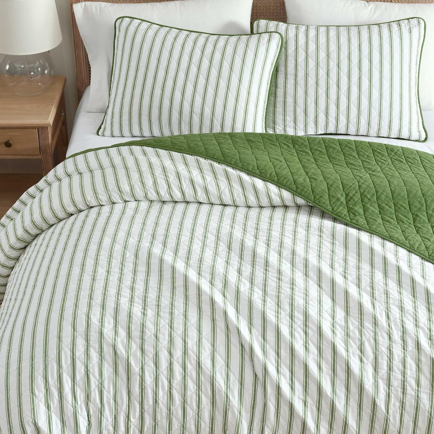 Martha Stewart - King Quilt Set, 100% Soft & Breathable Bedding with a Lightweight Feel for Year Round Comfort, 3 Piece Bed Set with Matching Pillowcases (Ticking Stripe Green)