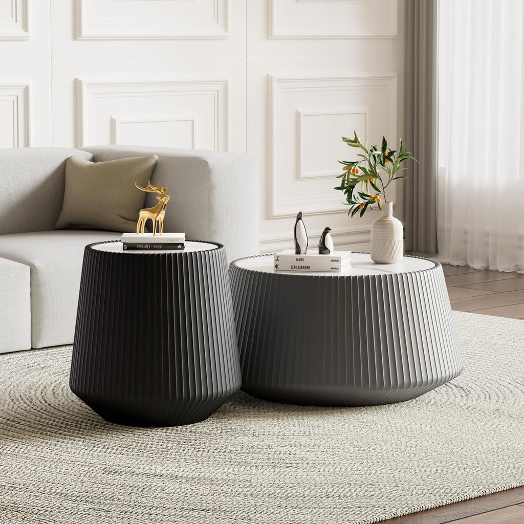Round Living Room Table Set, 26.77' Grey Drum Center Table and 19.68' Black Coffee Table Set, 2 Pieces Coffee Table Set with Sintered Stone Tabletop, Fluted PU Leather Covered and Stable Base
