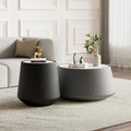 Round Living Room Table Set, 26.77' Grey Drum Center Table and 19.68' Black Coffee Table Set, 2 Pieces Coffee Table Set with Sintered Stone Tabletop, Fluted PU Leather Covered and Stable Base