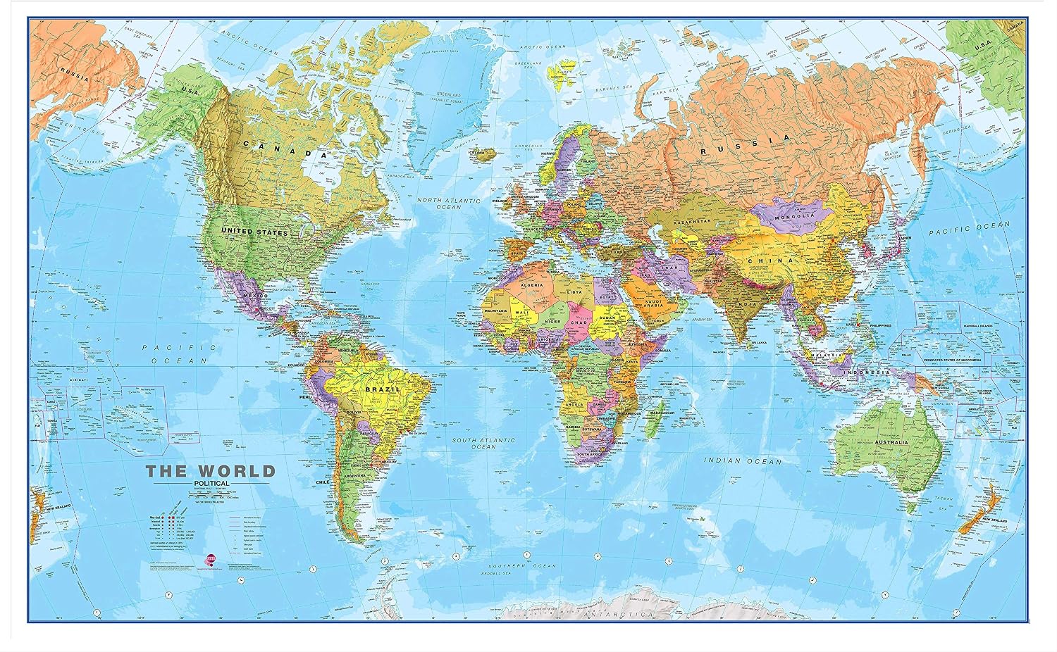 Maps International Large Political World Wall Map - Push Pin Board Mounted with White Wood Frame - 33 x 47