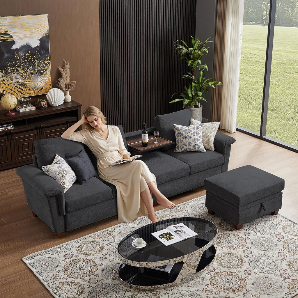 108' Sectional Sofa, Convertible L Shaped Sofa with Ottoman and Large Storage, 4 Seat Sectional Couch with Cup Holder, Couches for Living Room, Apartment, Office (Dark Grey)