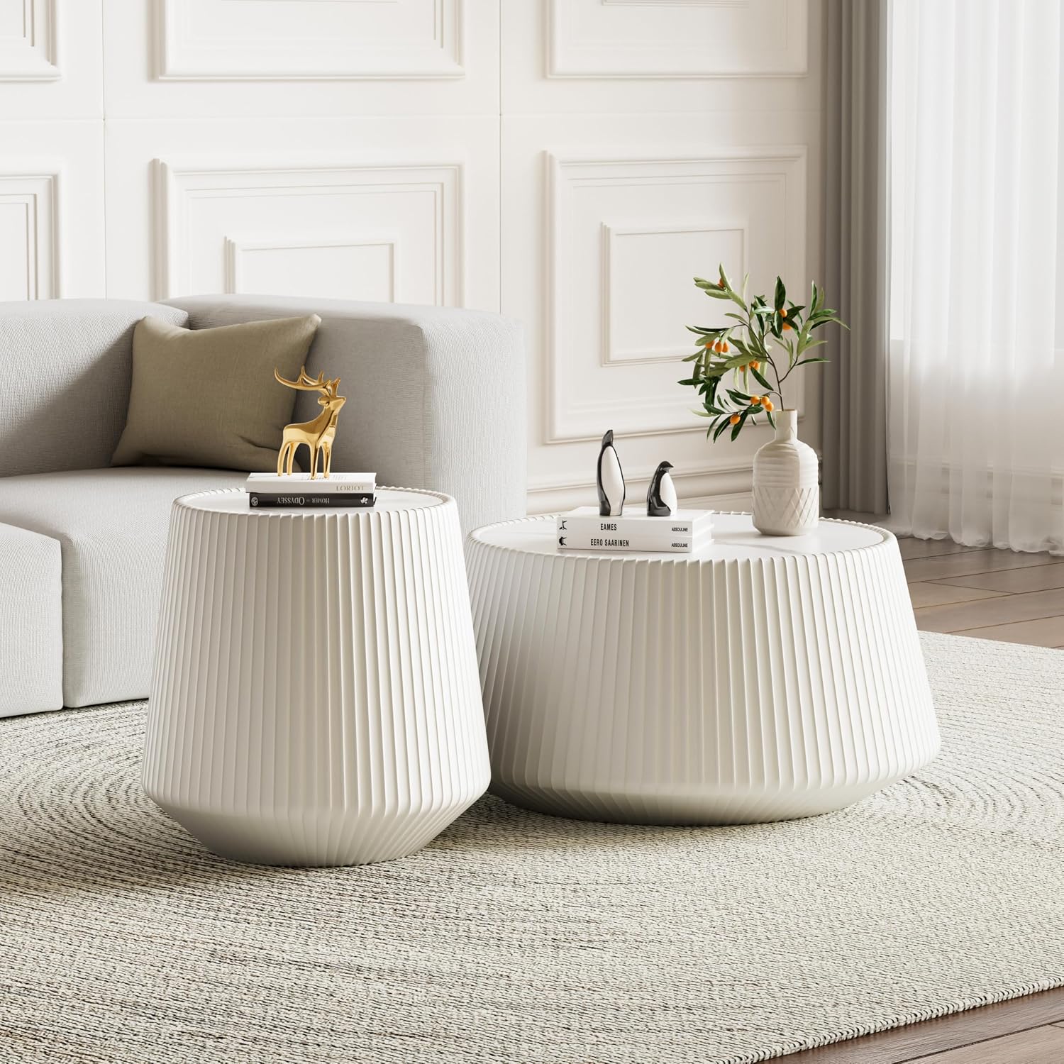 19.68' White Round Coffee Table, Drum Coffee Table with Sintered Stone Tabletop and Fluted PU Leather Covered and Stable Base, Circle Cocktail Tea Table for Living Room