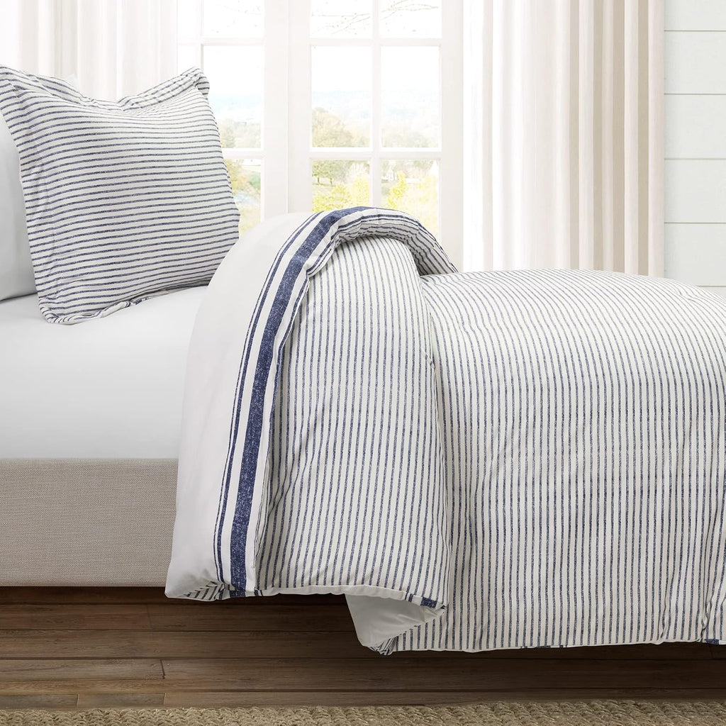 Lush Decor Farmhouse Stripe Reversible Cotton Comforter Set, 2-Piece, Twin XL Navy - Twin Bedding Set - Dorm Decor - Striped Comforter for Farmhouse Bedroom Decor