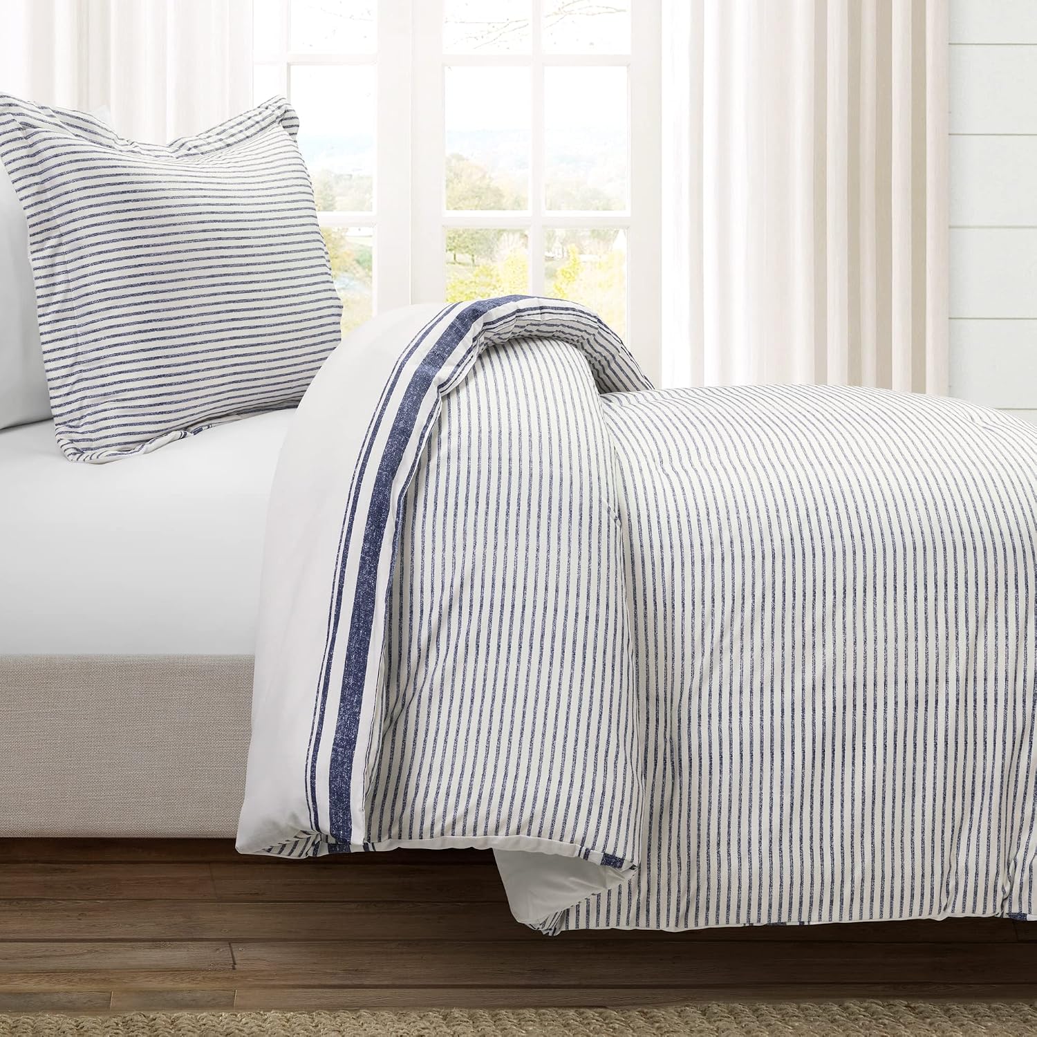 Lush Decor Farmhouse Stripe Reversible Cotton Comforter Set, 2-Piece, Twin XL Navy - Twin Bedding Set - Dorm Decor - Striped Comforter for Farmhouse Bedroom Decor