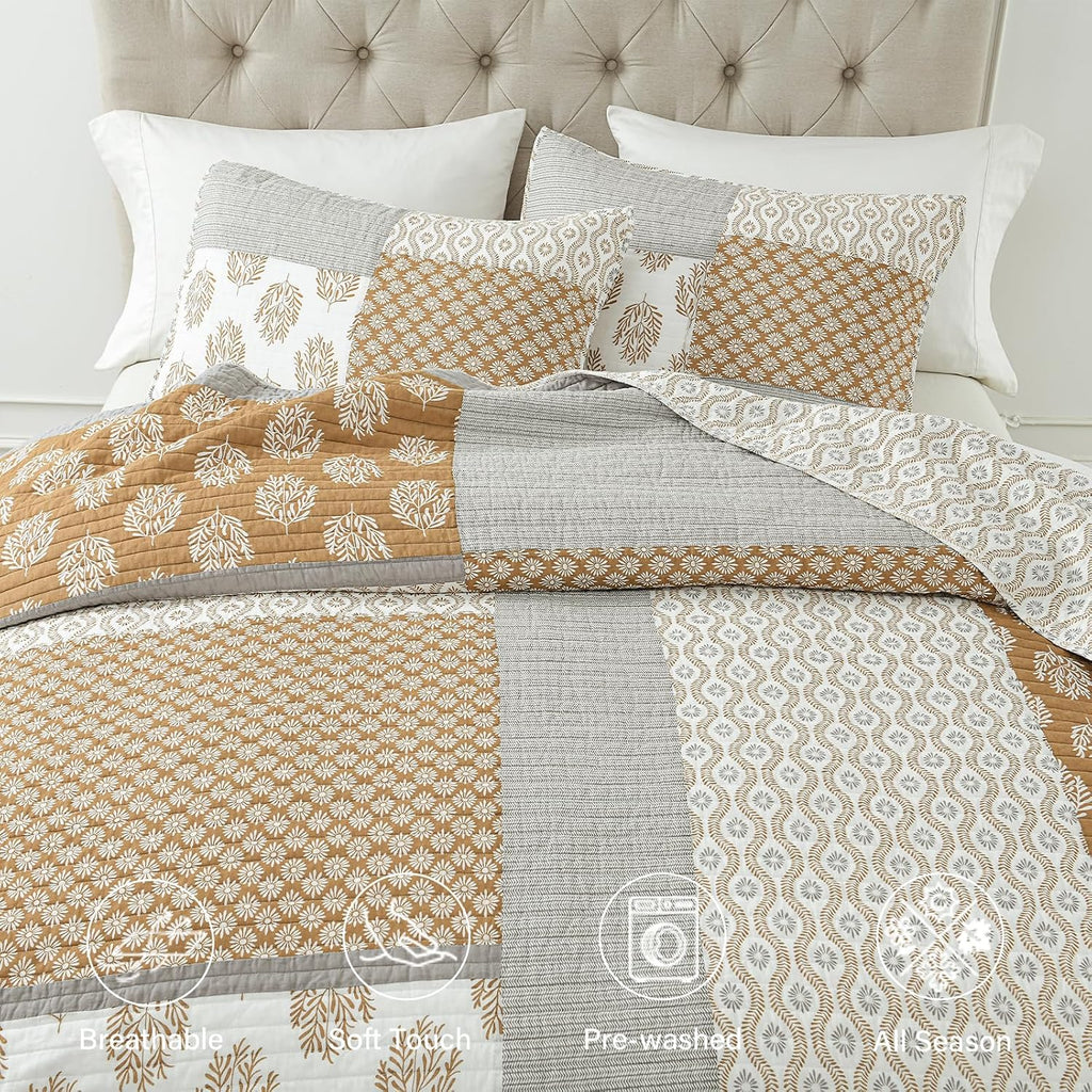 Finlonte King Size Quilt, 100% Cotton Comforter King Size, Brown Grey Farmhouse Quilted Bedspread, Patchwork Lightweight Reversible Quilt Bedding Set for King Bed, 3-Pieces