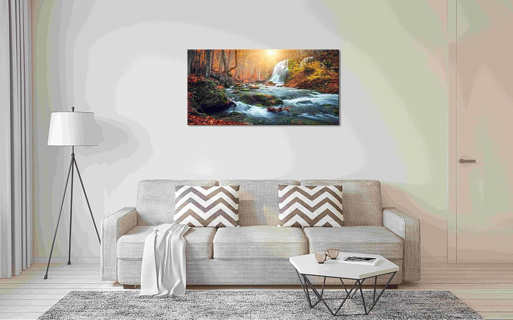 Autumn Waterfall Large Stretched Canvas Wall Art For Living Room Bedroom Home Decoration,Mordern Forest River Print Picture Painting Decor Giclee Artwork,Gallery Wrapped Gift,Inner Frame(30x60)