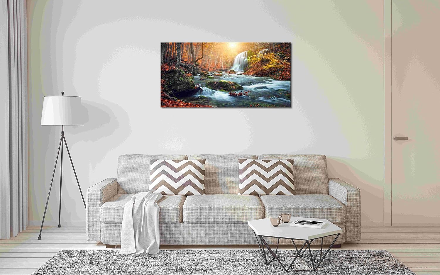 Autumn Waterfall Large Stretched Canvas Wall Art For Living Room Bedroom Home Decoration,Mordern Forest River Print Picture Painting Decor Giclee Artwork,Gallery Wrapped Gift,Inner Frame(30x60)