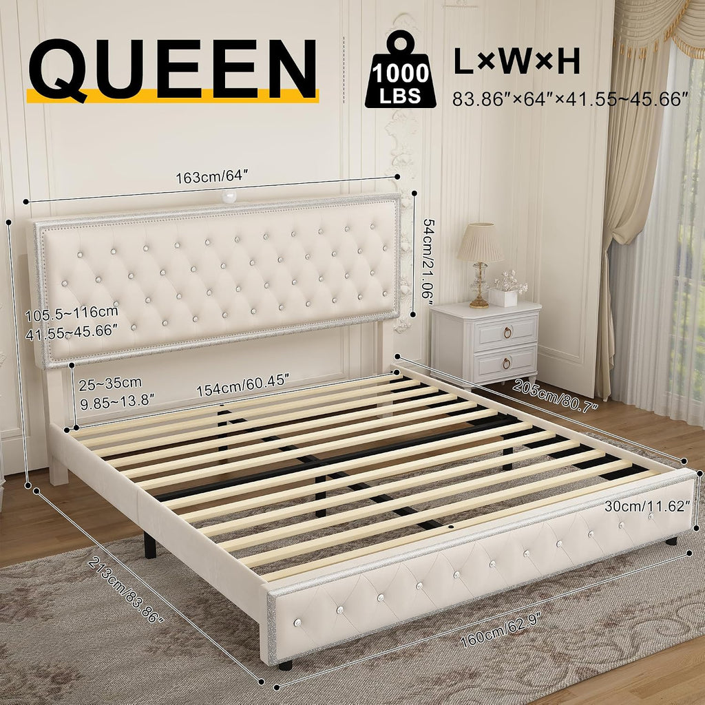 Queen Upholstered Platform Bed Frame with LED Headboard, Built-in Star Projector & Adjustable Headboard, No Box Spring Needed, Easy Assembly, Solid Wood Slats,Modern Bedroom Furniture, Velvet Cream