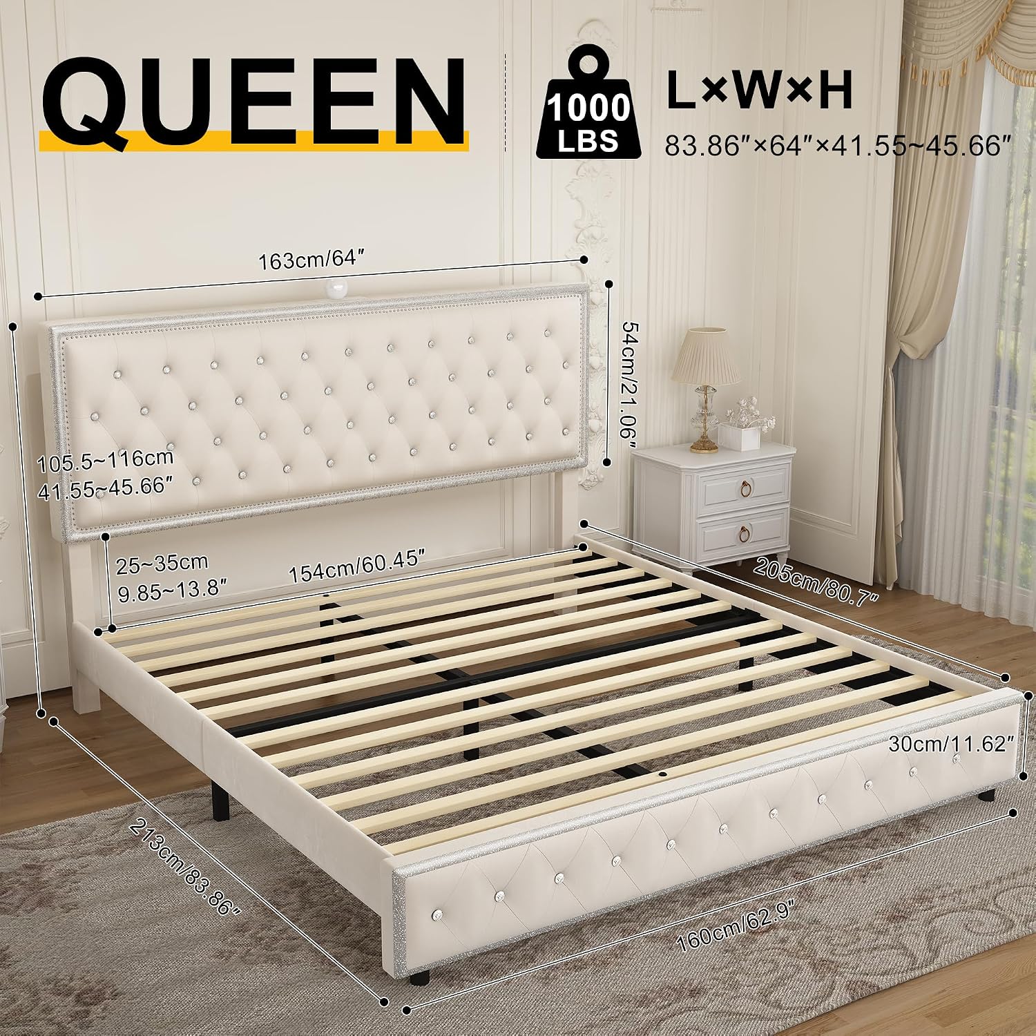 Queen Upholstered Platform Bed Frame with LED Headboard, Built-in Star Projector & Adjustable Headboard, No Box Spring Needed, Easy Assembly, Solid Wood Slats,Modern Bedroom Furniture, Velvet Cream