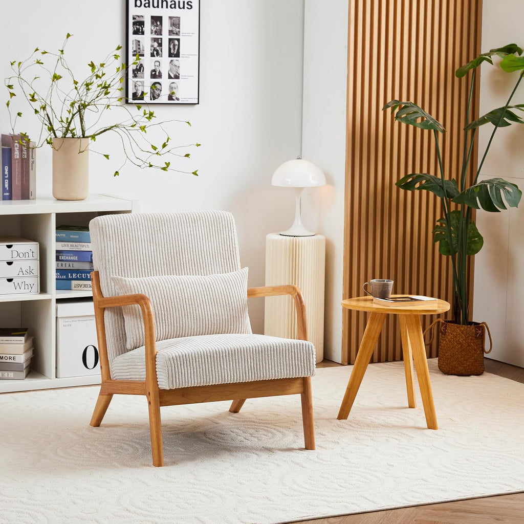 QQU Corduroy Accent Chairs with Waist Cushions, Mid-Century Modern Living Room Chairs, Sturdy Wood Frame Armchairs, Upholstered Accent Chairs for Living Room, Bedroom, Apartments, Beige