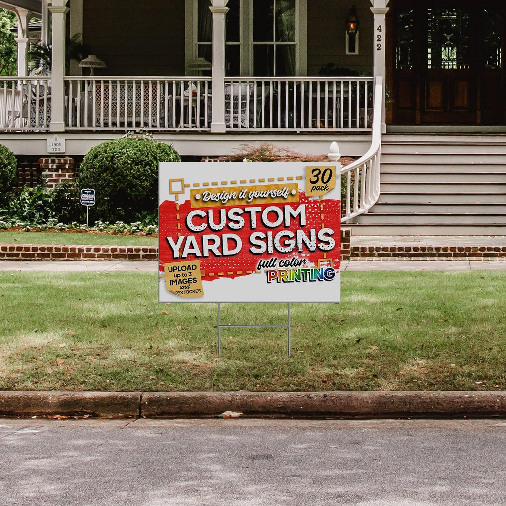 24'x18' Custom Yard Signs with Metal Stakes (30-Pack), Design-Your-Own Lawn Signs, Personalized Signages with Full Color Printing and Uploadable Images/Textboxes, One-Sided Yard Signs for Outdoor Events