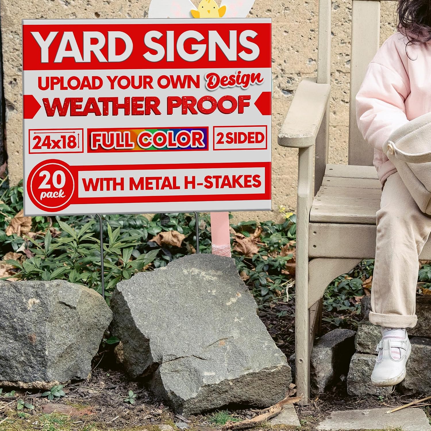 20 pack 24x18' Double Sided Custom Yard Sign with Metal Stake Front and Back Custom Printed Personalized Lawn Sign for Business, Real Estate, or Yard Sale, Full Color Corrugated Plastic Signage for Outdoors, Home, Office, Business (20-Pack)
