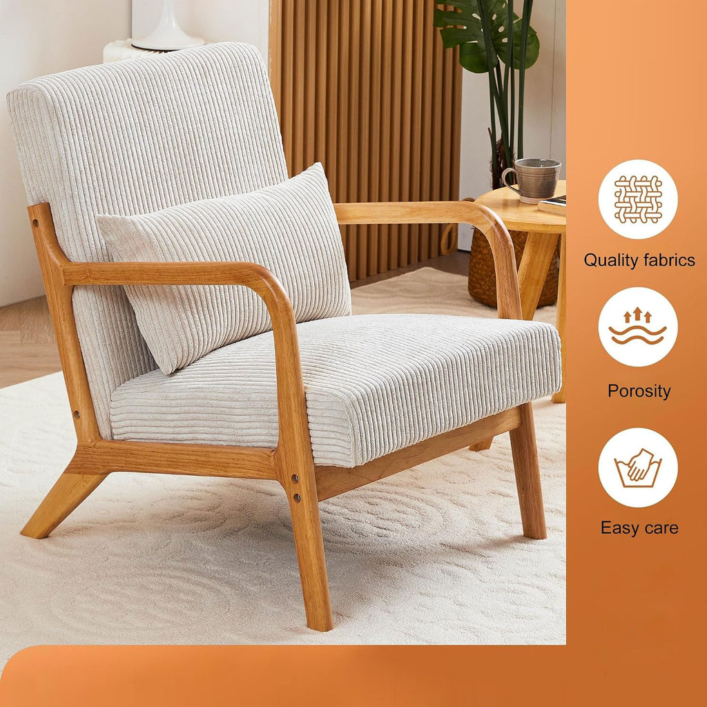 QQU Corduroy Accent Chairs with Waist Cushions, Mid-Century Modern Living Room Chairs, Sturdy Wood Frame Armchairs, Upholstered Accent Chairs for Living Room, Bedroom, Apartments, Beige