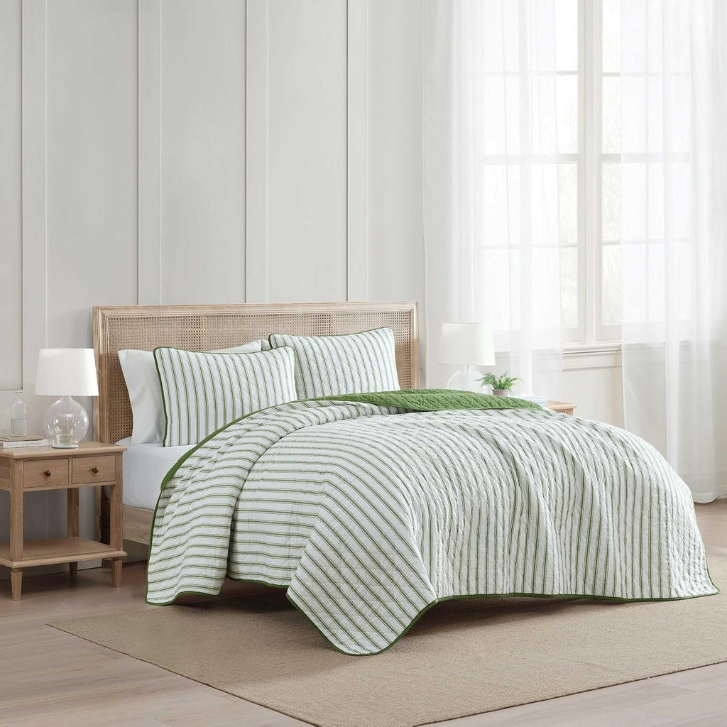 Martha Stewart - Queen Quilt Set, 100% Soft & Breathable Bedding with a Lightweight Feel for Year Round Comfort, 3 Piece Bed Set with Matching Pillowcases (Ticking Stripe Green)