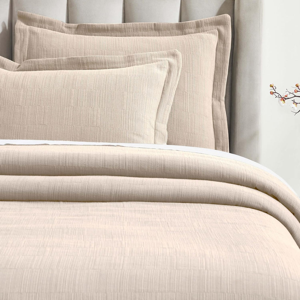 Superior 3 Piece Cotton Bedspread and Sham Set, Home Bed Decor, Decorative Bed Spread, 2 Pillow Shams, Medium Weight, Textured Matelasse Coverlet, Bedding Essentials, Zenith Collection, Full, Beige