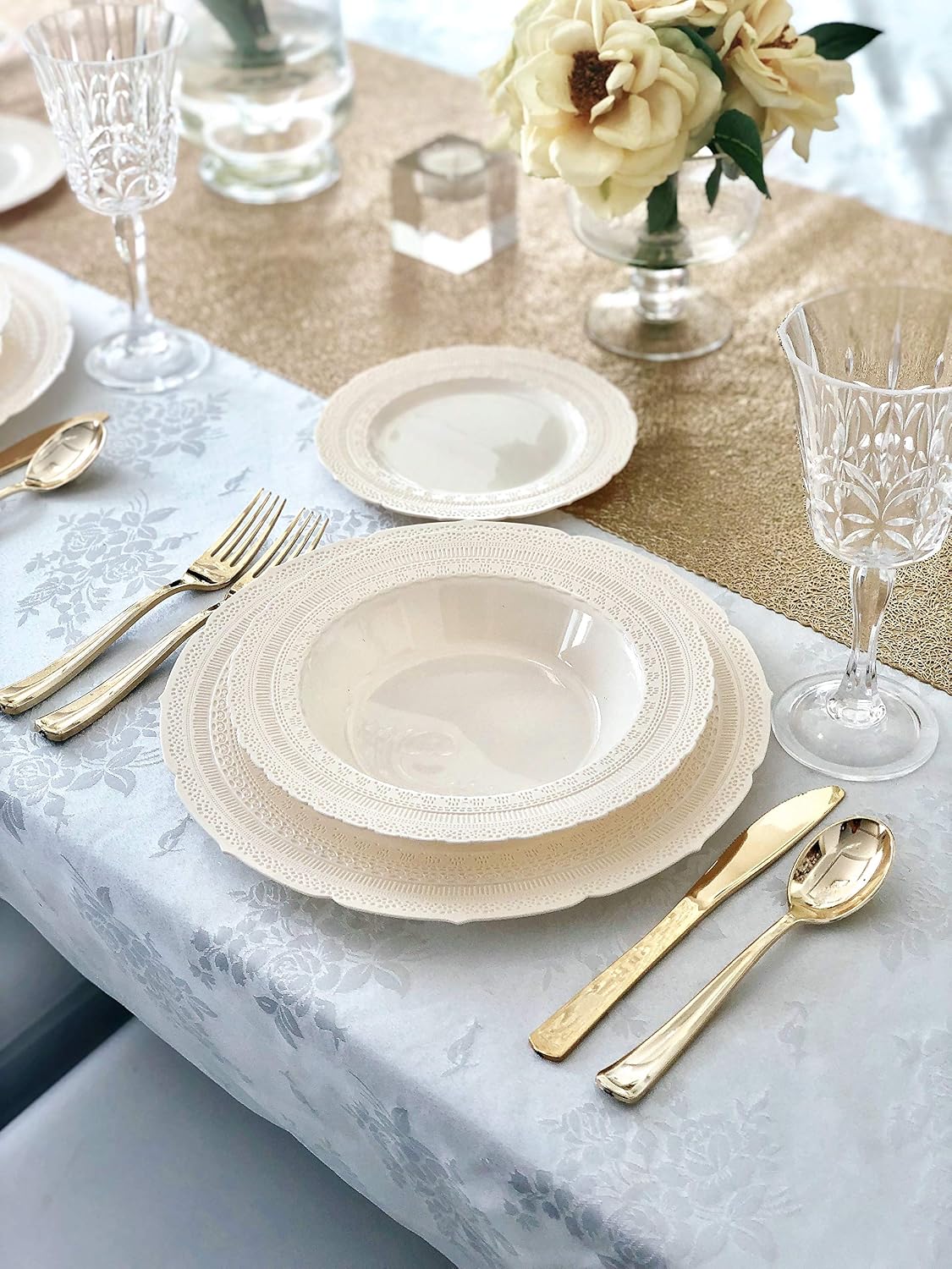 OCCASIONS 240 Piece Heavy Duty Disposable Plastic Plates for Party, 11' Premium Reusable Dinner Plates, Elegant Wedding & Event Tableware, BPA-Free, Chateau Ivory