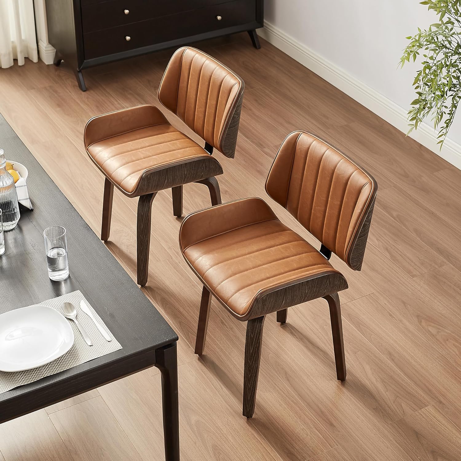 Zouron Modern Dining Chair with Wooden Legs, Swivel Home Desk Chair No Wheels, Mid Century Faux Leather Chair with Black Oak Bentwood, Upholstered Kitchen Dining Room Chairs, Channel Stitch, Brown